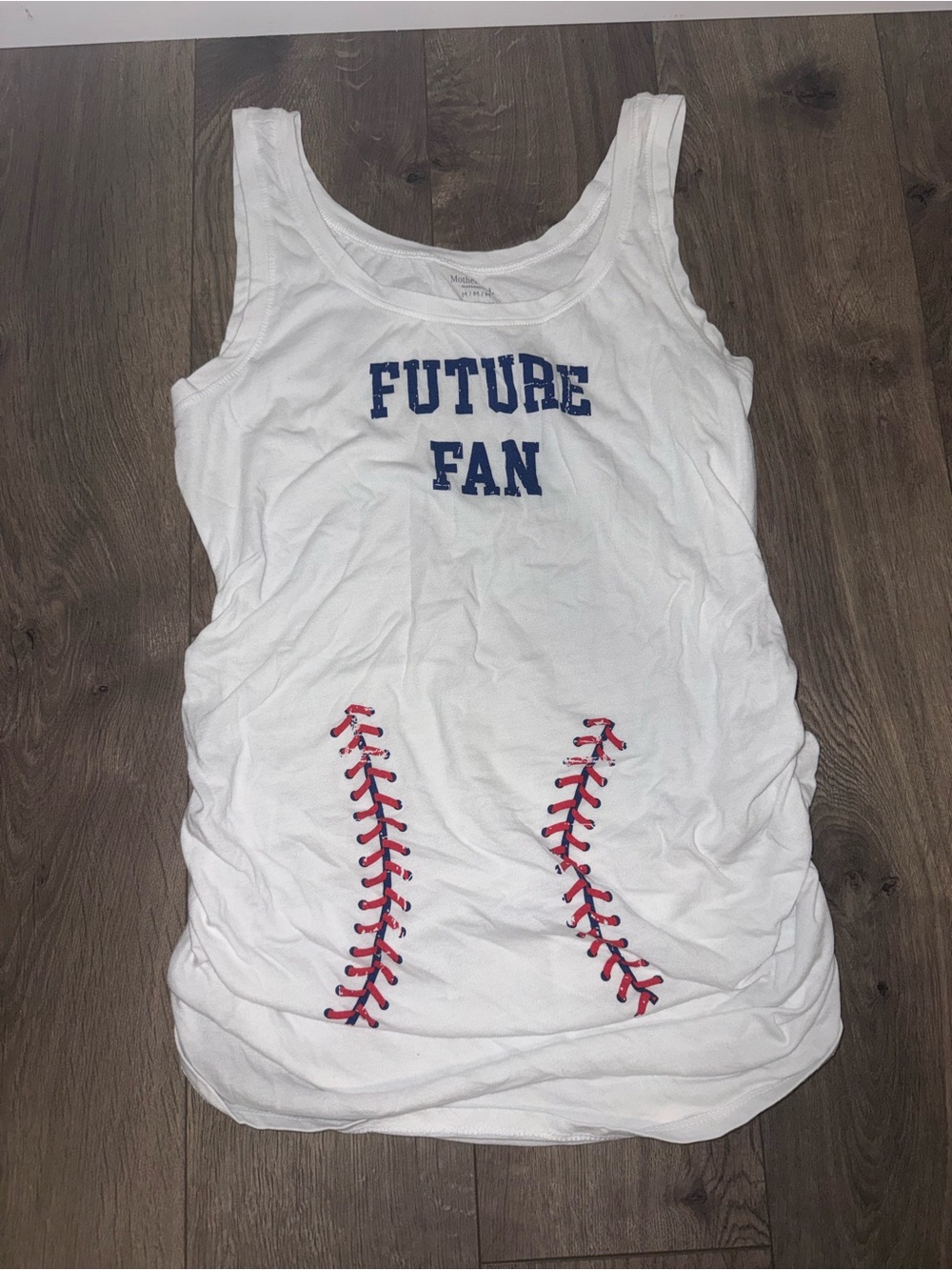 Motherhood White Tank with Blue 'FUTURE FAN' and Red Baseball Stitching
